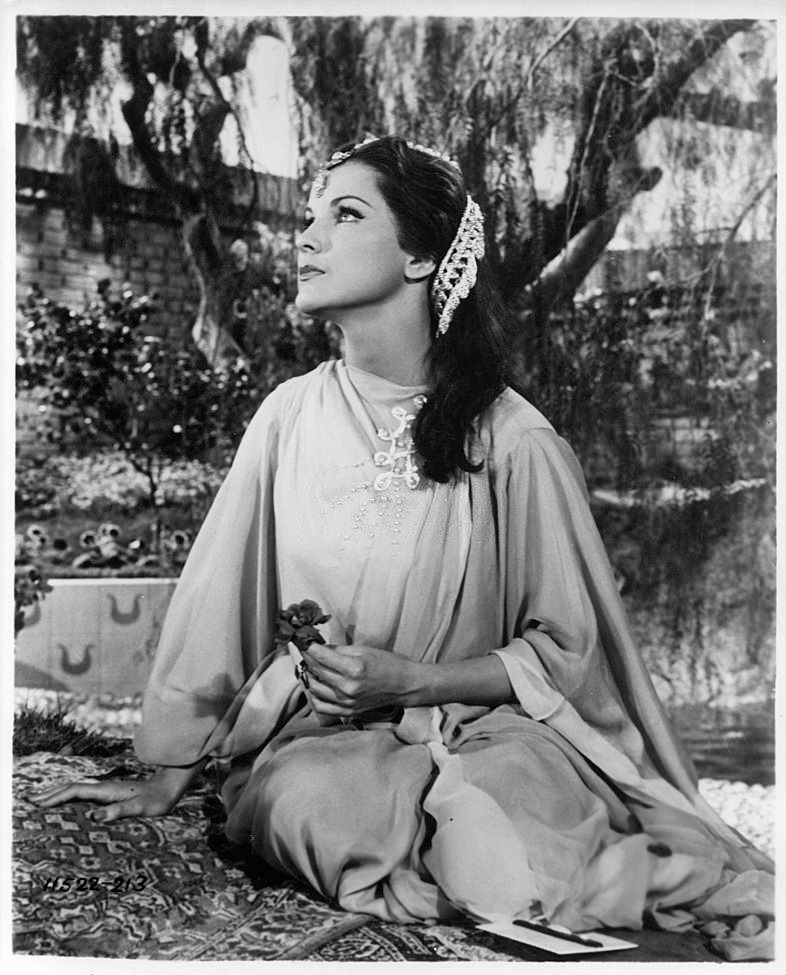 Debra Paget looking up at the sky in a scene from the film 'Omar Khayyam', 1957