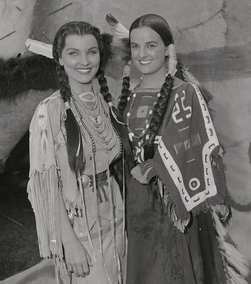 Debra Paget with Senora Matilde during the filming of "White Feather" at Durango