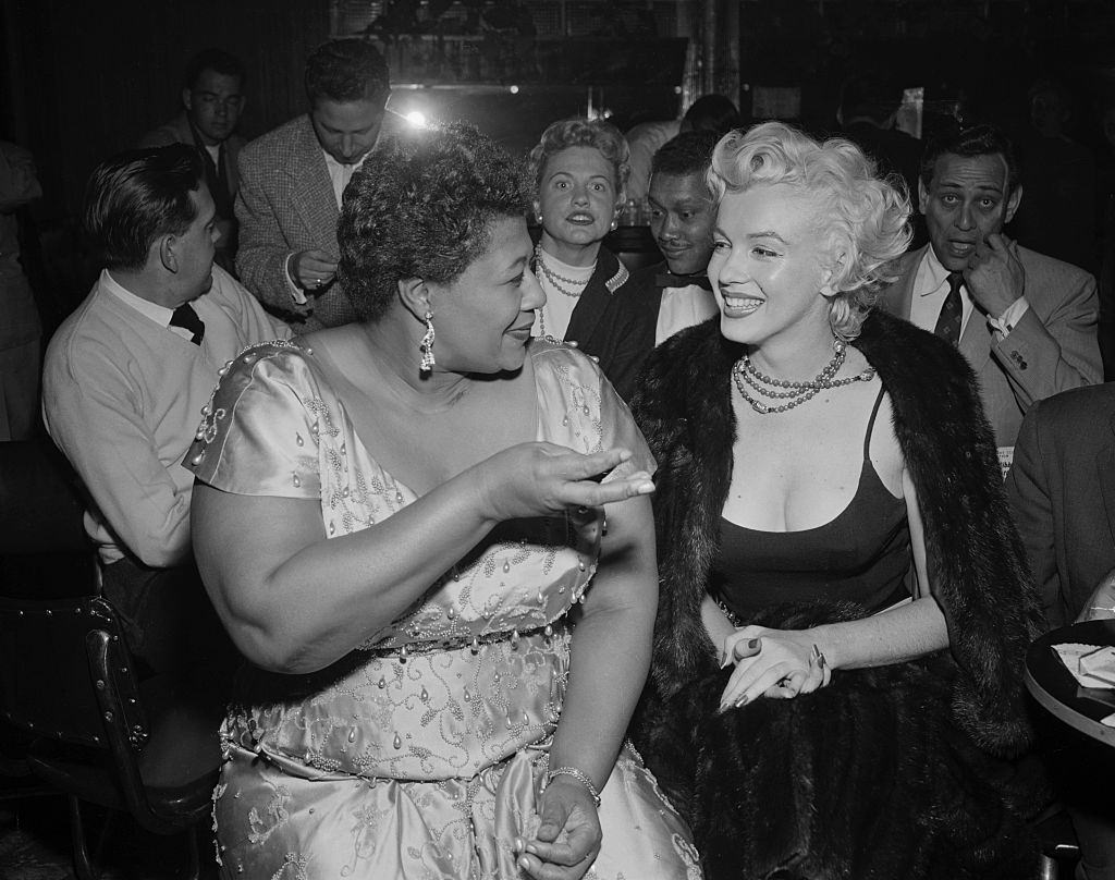 Ella Fitzgerald with Marilyn Monroe at the Tiffany Club in Hollywood, 1954