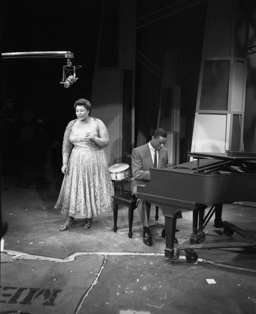 Ella Fitzgerald with Nat King during an episode of the live performance anthology series 'Ford Star Jubilee,' New York, December 17, 1955
