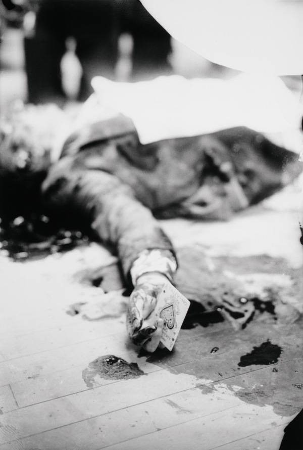 Mafia kingpin Joe Masseria holds the ace of spades, "the death card," in his hand following his 1931 murder on the orders of infamous gangster "Lucky" Luciano in a Coney Island restaurant.