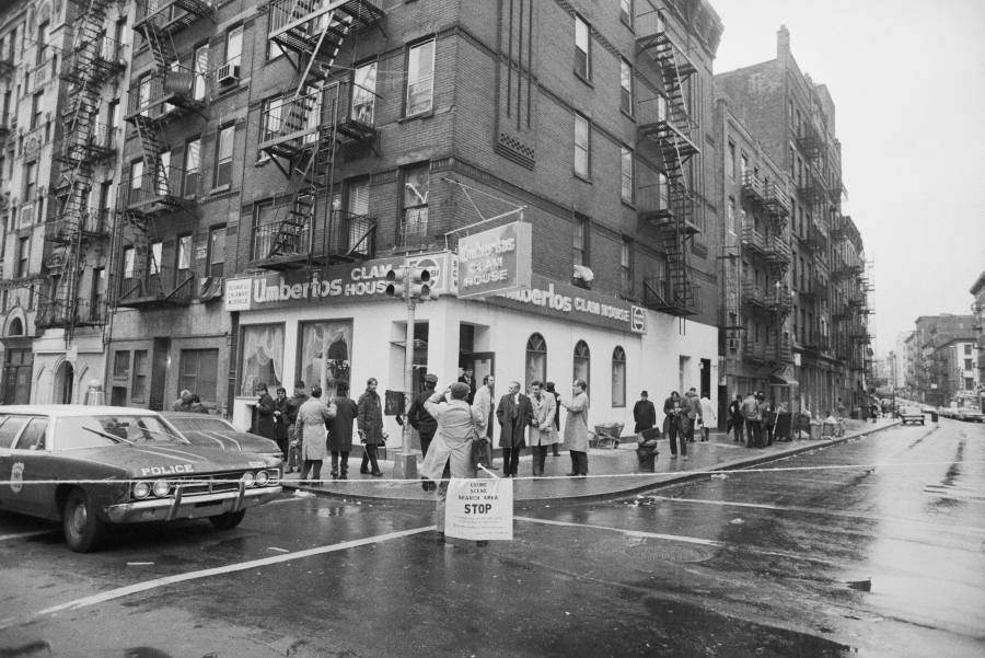 Crime scene rope stretched across the intersection of Hester and Mulberry Streets in Little Italy, blocking off Umberto's Clam House, where reputed mobster Joseph "Crazy Joe" Gallo was killed, 1972