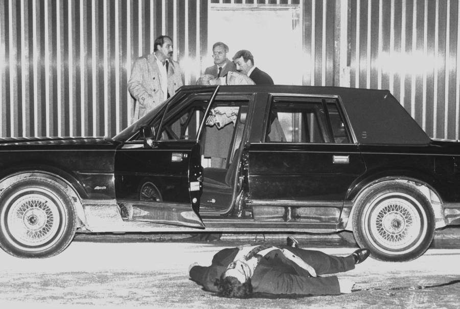 The body of Thomas Bilotti, associate of Mafia boss Paul Castellano, lies on the ground following their doudle murder on Dec. 16, 1985