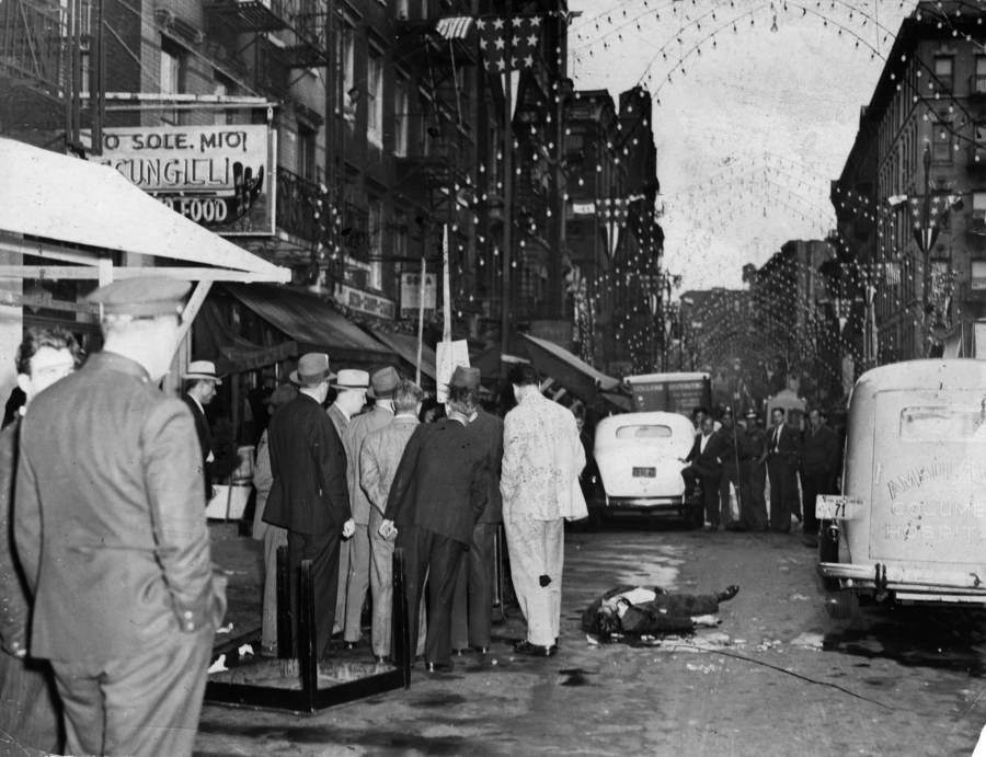 The scene outside ‘O Sole Mio following a murder there, Circa 1939
