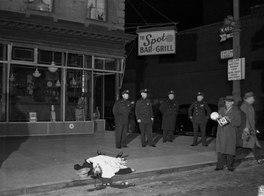 Murder victim and gangster David Beadle, also known as "David the Beetle," in front of Spot Beer Tavern in Manhattan, 1939.