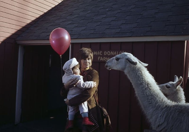 Jane Fonda with her daughter Vanessa Vadim in her arms, holding a balloon, two lamas approaching, Central Park, New York