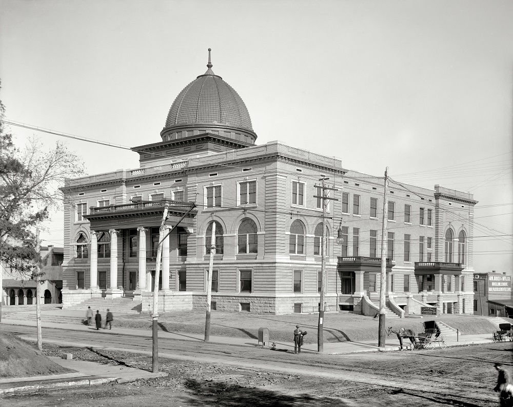 City Hall, With a sampler of interesting signage, and an elaborately rigged street light, Little Rock, Arkansas, 1908