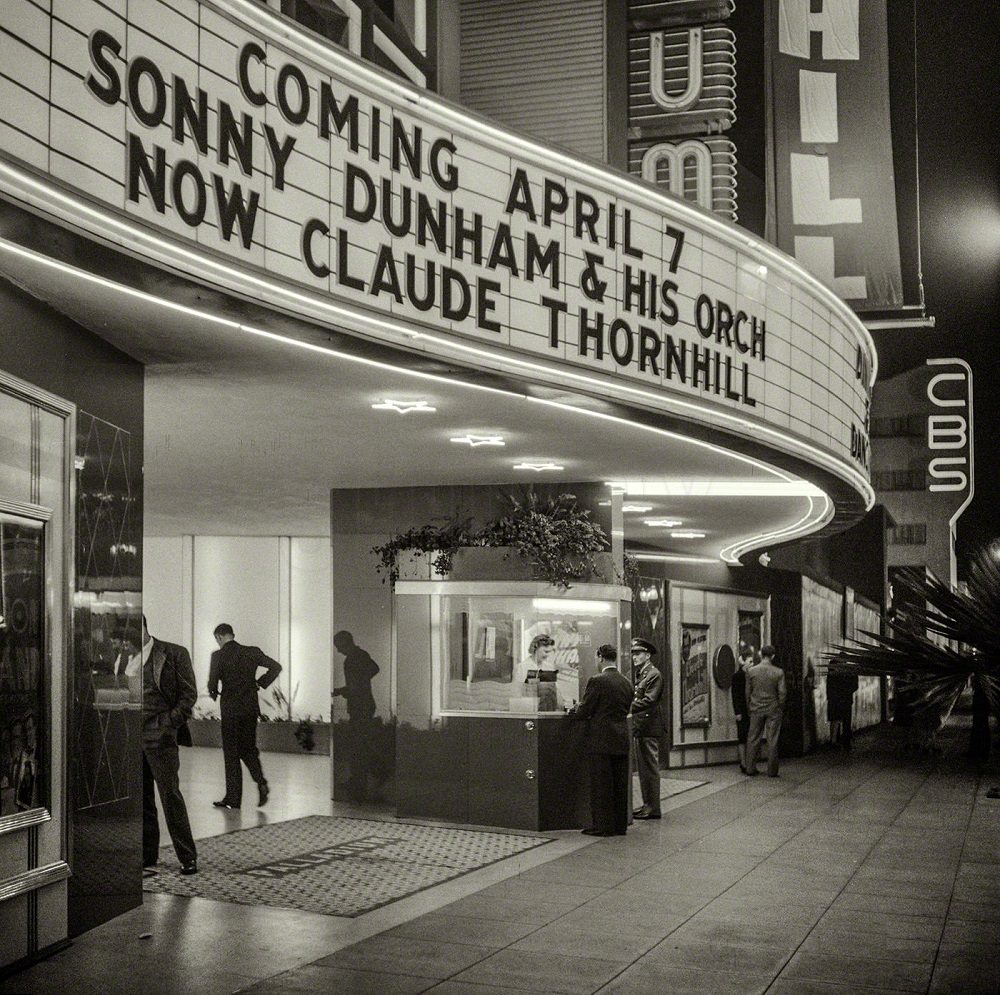 Sign and ticket window of a large dance palace, Hollywood, California, April 1942
