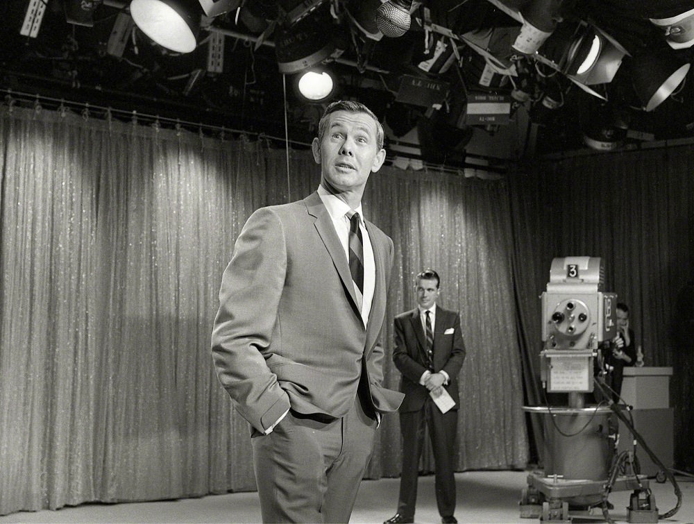 Entertainer Johnny Carson on the 'Tonight' Show delivering a monologue, Los Angeles, July 1965