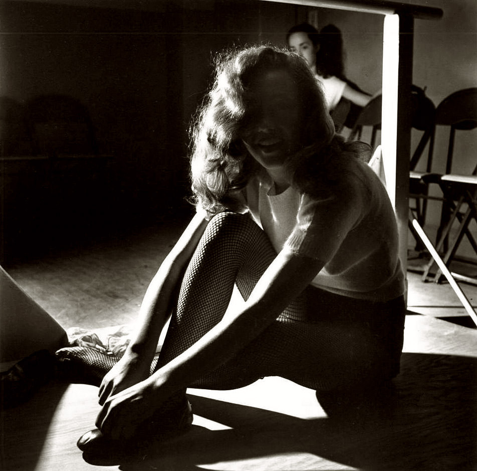 Young upcoming Hollywood starlet Marilyn Monroe practicing in dance class, Los Angeles, February 1947