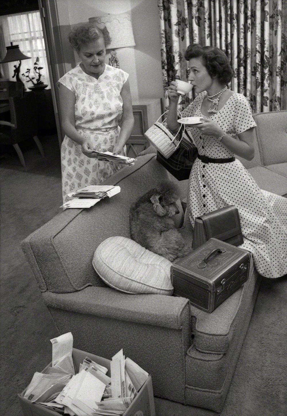 Actress Betty White at home, about to leave for studio where her Los Angeles daytime television show is broadcast, 1954