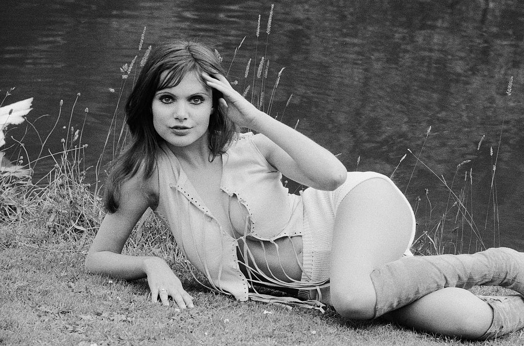 Madeline Smith during a break in filming "The Seven Magnificent Deadly Sins" at Pinewo, 1971