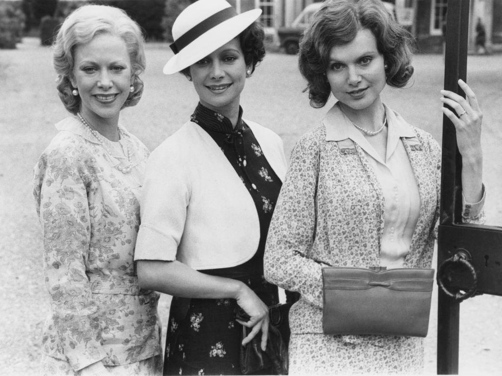 Madeline Smith with Connie Booth and Francesca Annisduring the filming of LWT television drama 'Why Didn't They Ask Evans?', 1979