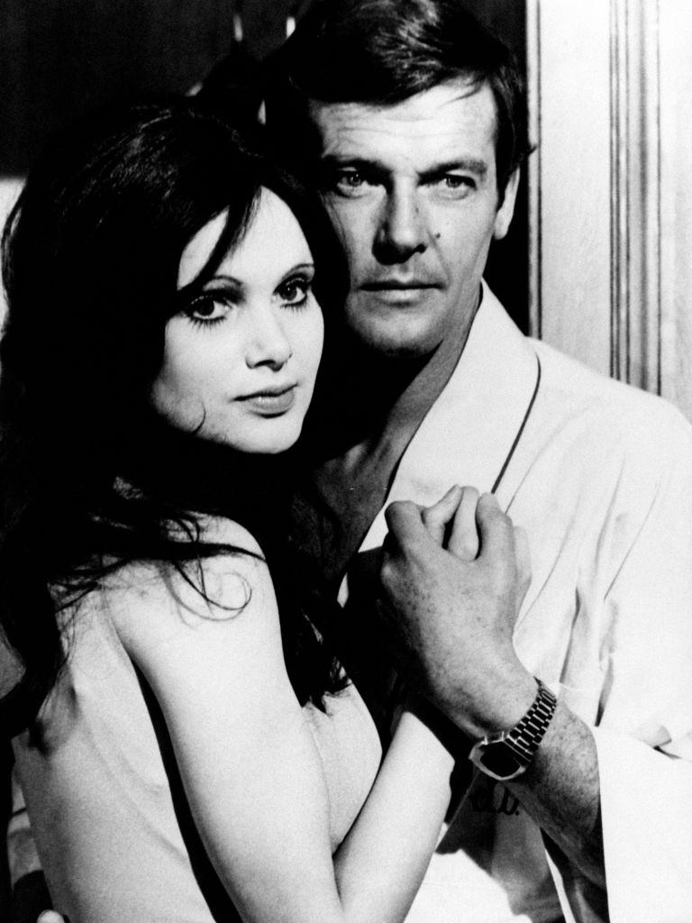Madeline Smith with Roger Moore in the movie "Live and Let Die", 1973
