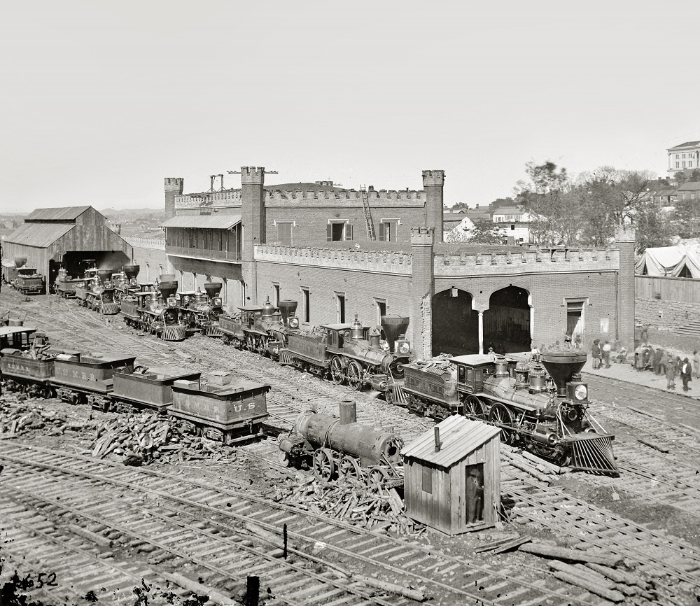 Railroad yard and depot with locomotives, Nashville, Tennessee, 1864