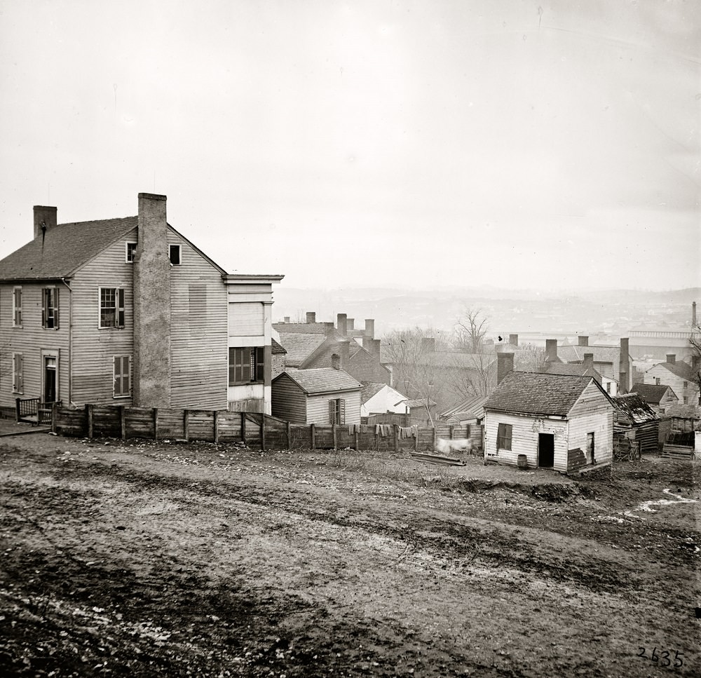 Opposite view of the rail yards from Capitol Hill looking southwest, Nashville, 1864
