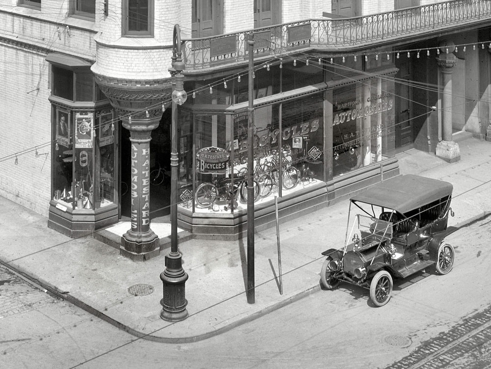 A close-up of the H.A. Testard Bicycles & Automobiles storefront from the previous post, New Orleans circa 1910