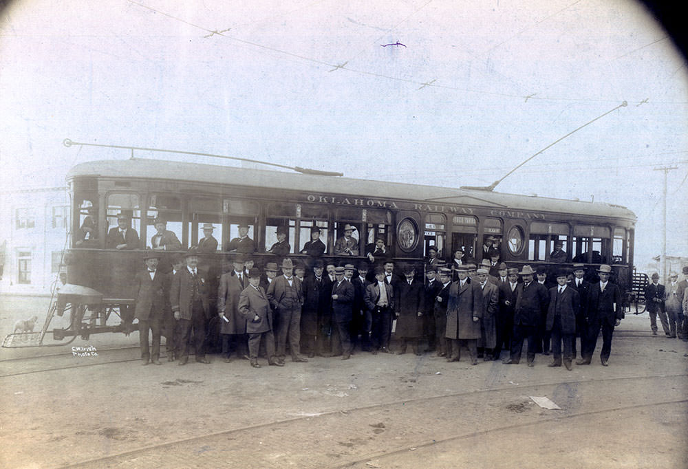 Initial trip of the first pay-as-you-enter car at the stockyards, Oklahoma City, November 18, 1910