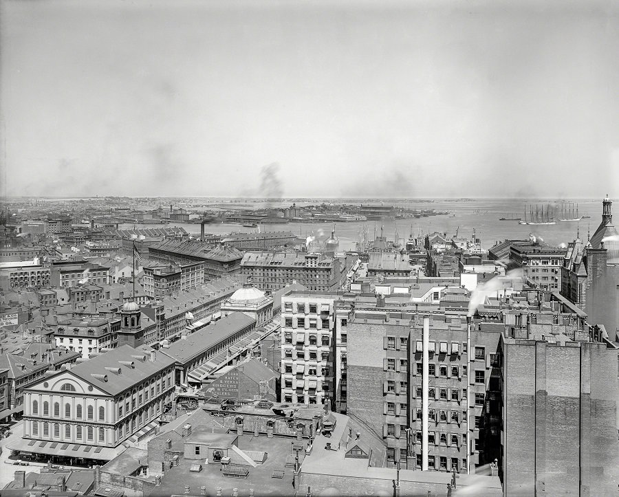 Looking east, Boston, showing Boston Harbor and, at lower left, historic Faneuil Hall, 1906