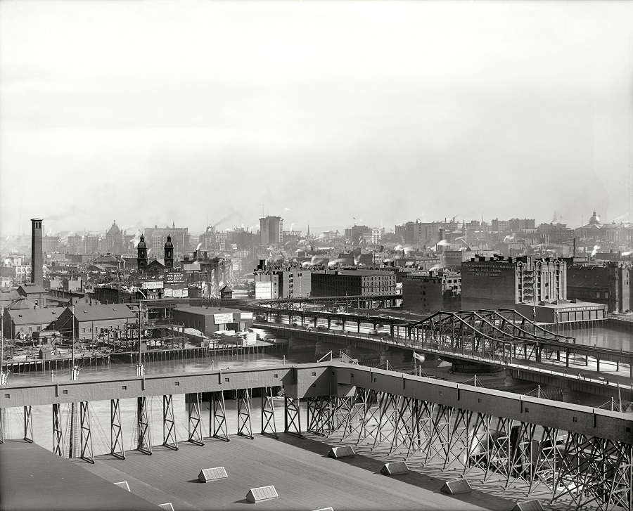 Navy Yard docks and Charles River from Charlestown, Boston, 1906