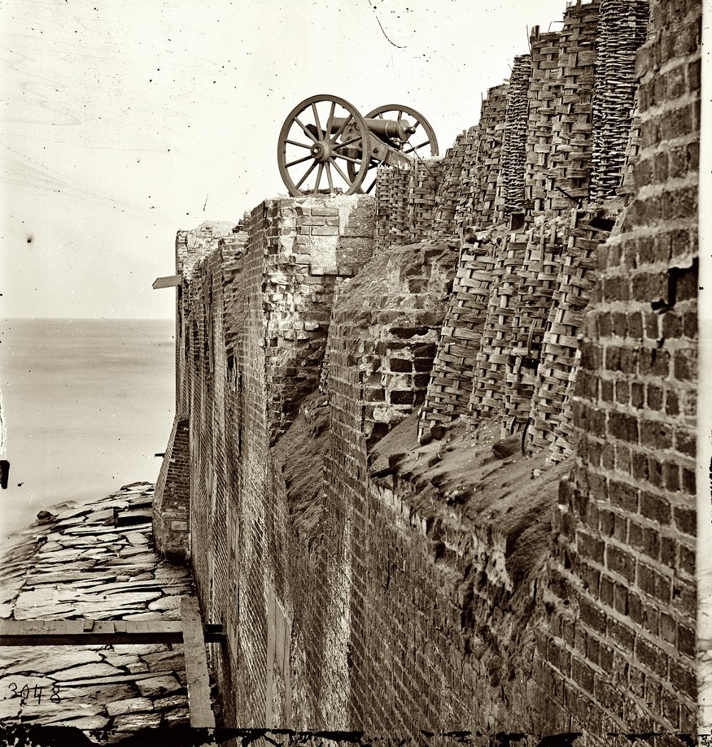 Breach patched with gabions on the north wall of Fort Sumter, Charleston, 1865