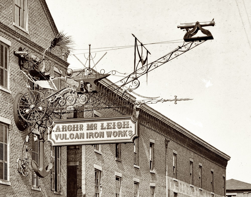 A closeup of the Vulcan Ironworks sign on Cumberland Street in Charleston, South Carolina, 1865