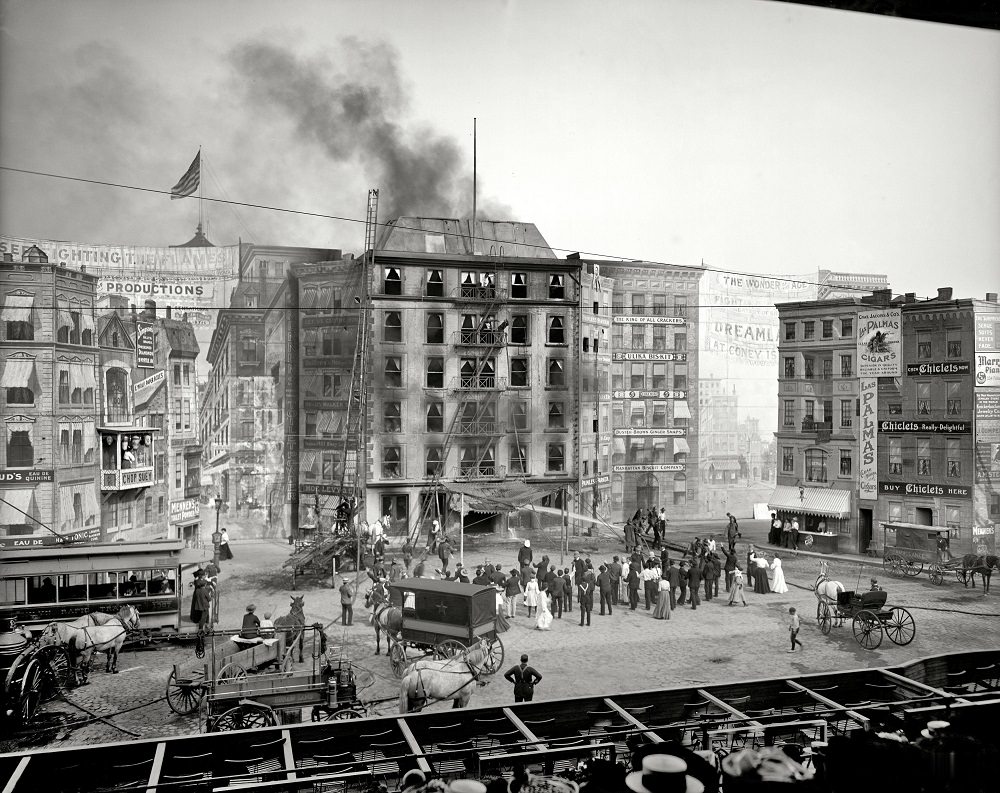 Firefigthers fighting the flames, Coney Island, New York, circa 1905