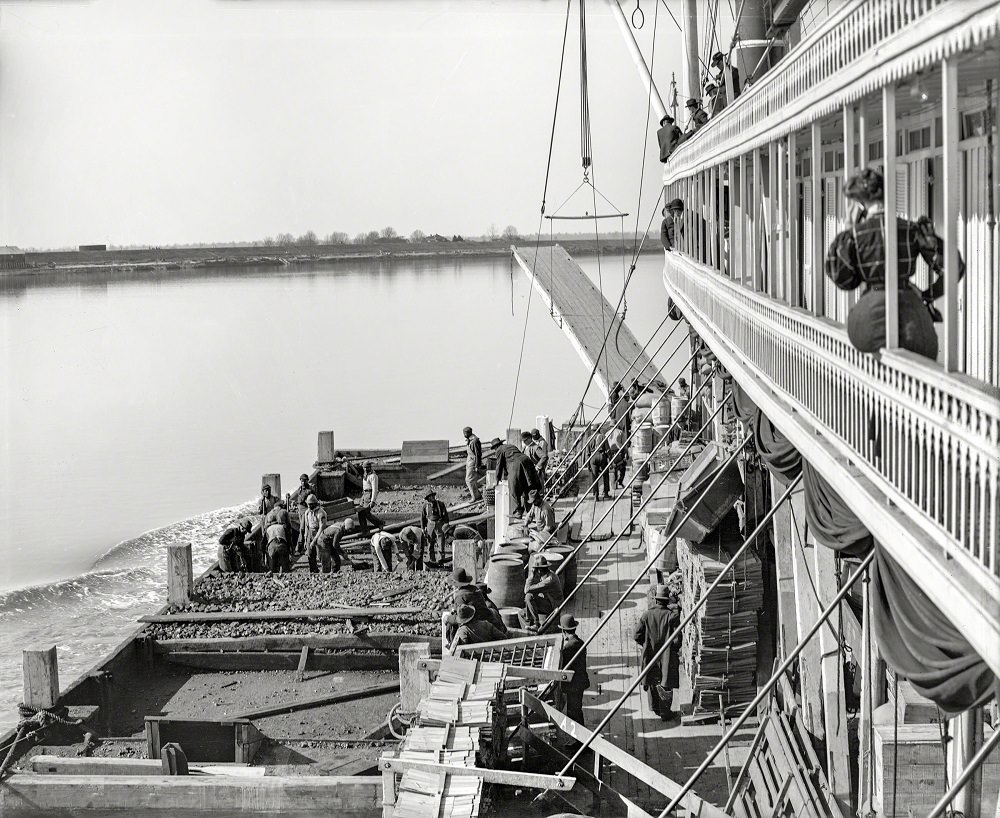 Coaling a river packet underway on the Mississippi near Memphis, 1906