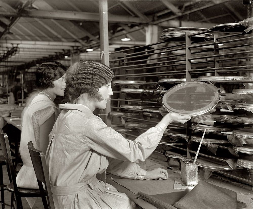Speaker grille assembly at the Atwater Kent radio factory in Philadelphia, 1928