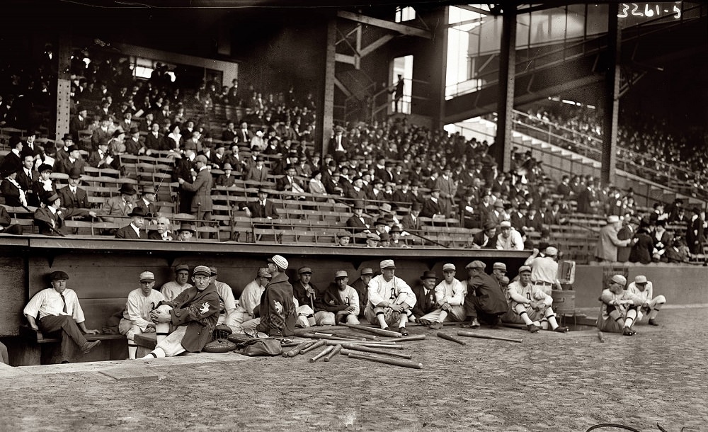 Philadelphia Athletics dugout prior to start of Game 1 of 1914 World Series at Shibe Park, October 9, 1914