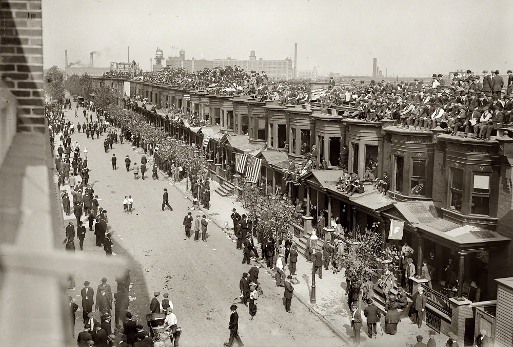 Watching the first game of the 1914 World Series from rooftops overlooking Shibe Park in Philadelphia, October 9, 1914