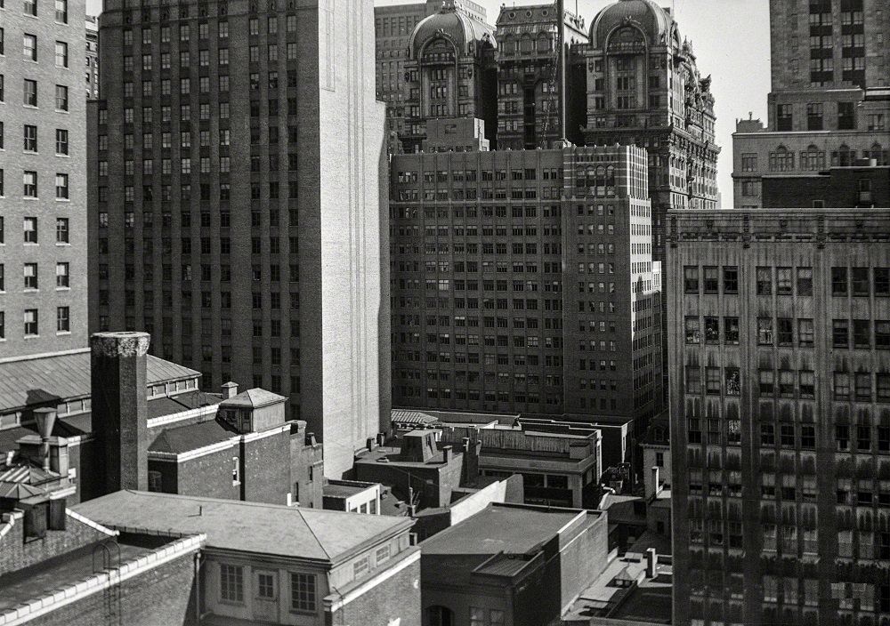 Downtown buildings near Walnut and Broad streets, looking east, Pennsylvania, Spring 1939