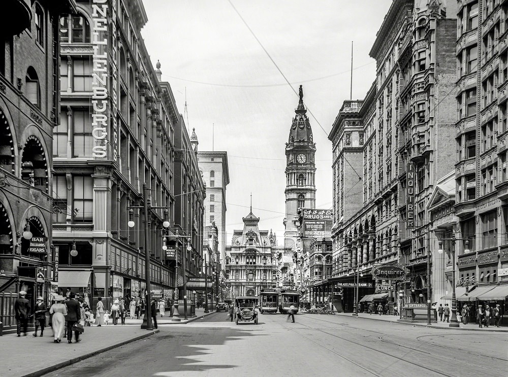 Market Street west from Eleventh, with view of City Hall, Philadelphia circa 1912