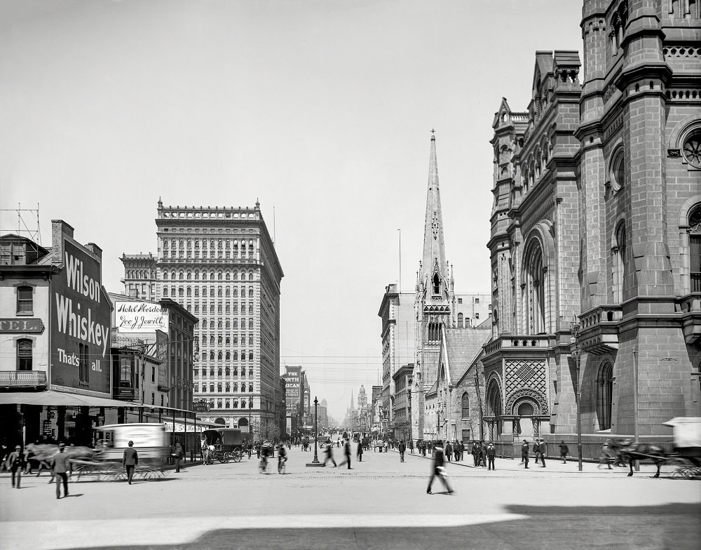 Broad Street, Masonic Temple and Arch Street Methodist Church, north from City Hall, Philadelphia circa 1904