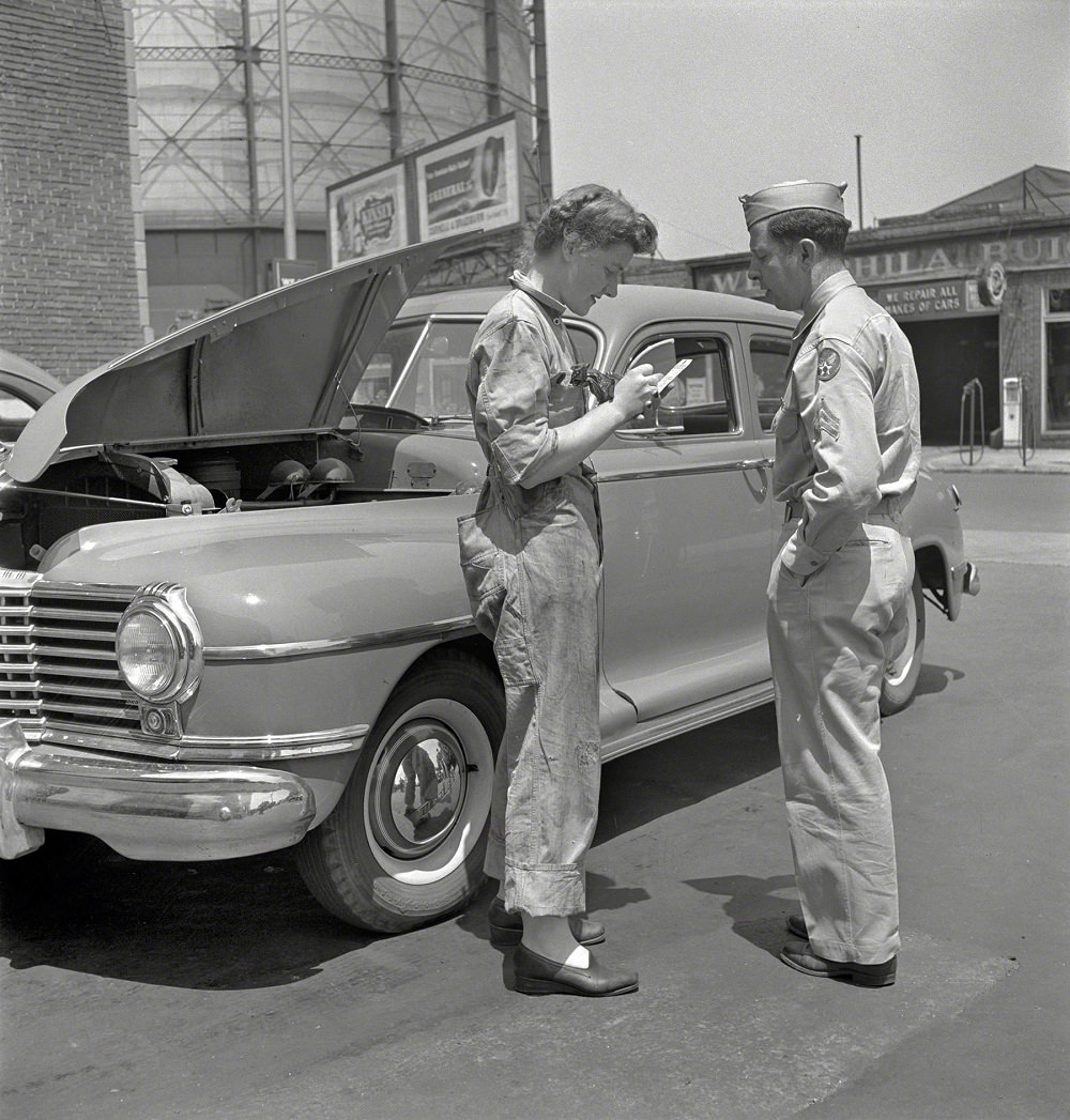 Miss Frances Heisler (last seen here), attendant at one of the Atlantic Refining Company garages, Philadelphia, June 1943