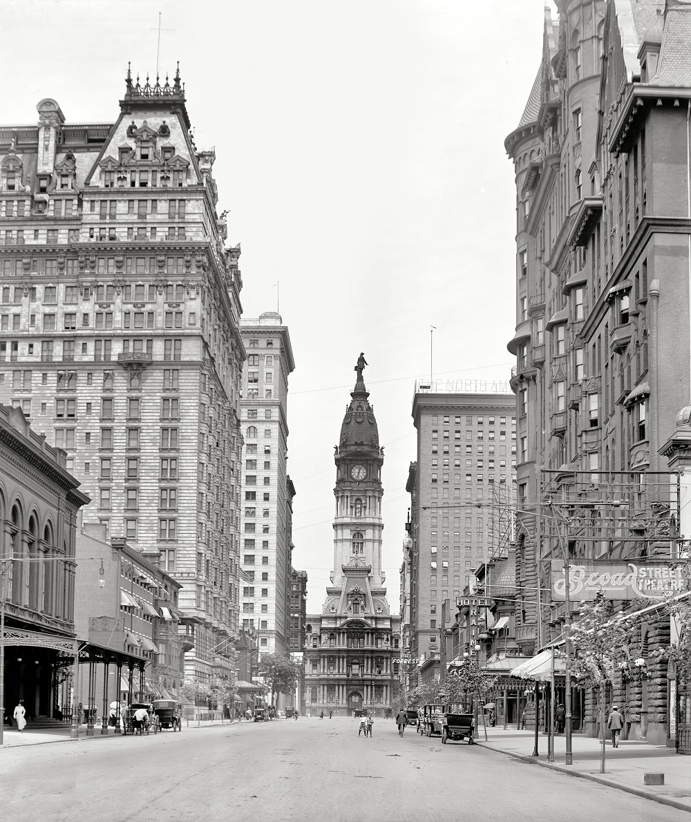 Broad Street north from Walnut." With City Hall, William Penn and two young friends center stage, Philadelphia circa 1909