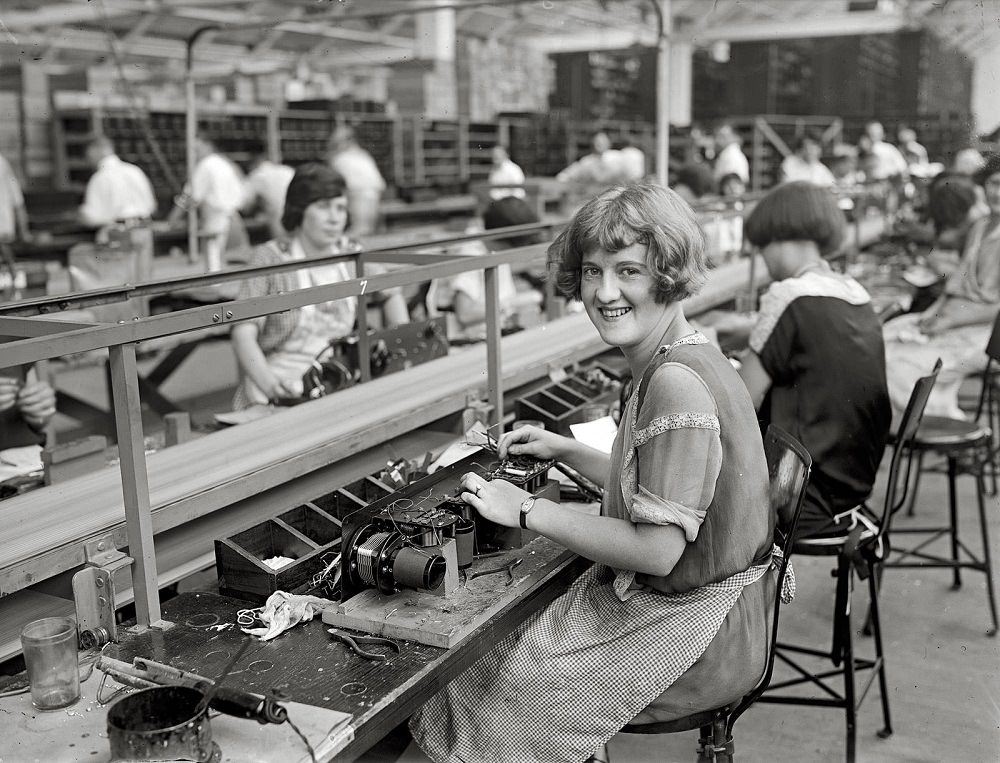 Starting assembly of set (Mary Ramsey), A worker at the Atwater Kent radio factory in Philadelphia, 1925
