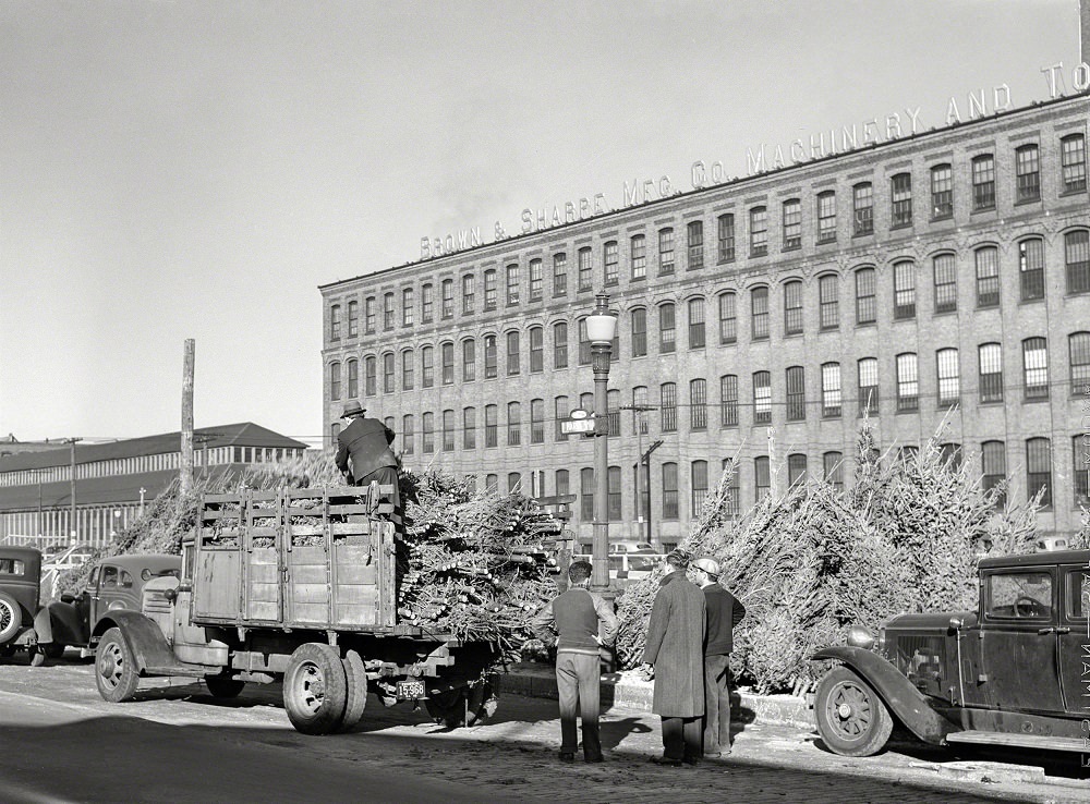 Christmas trees for sale at the market, Providence, Rhode Island, December 1940