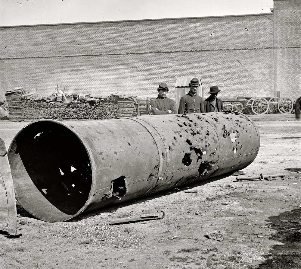 Battered smokestack from C.S.S. ironclad ram Virginia No. 2, Richmond, Virginia, April 1865