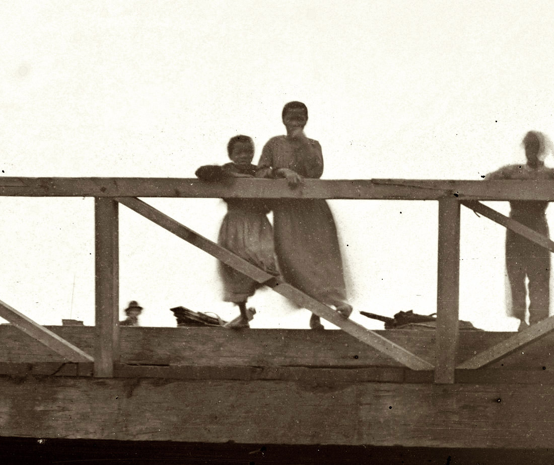 A closeup of the young ladies shown in an earlier post of the Canal Bridge at Seventh Street in Richmond, Virginia, Spring 1865