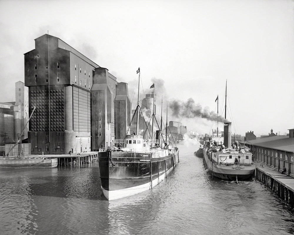 The Buffalo River, city ship canal and flour mill elevators circa 1911