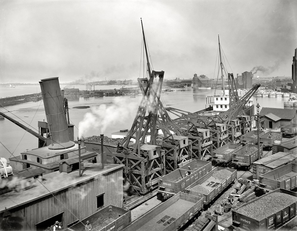 Thornberger hoist unloading ore at Lackawanna docks, Buffalo, New York, circa 1900