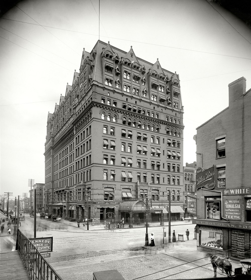 The ectoplasmic pedestrians are out in force, Hotel Iroquois, Buffalo, 1900