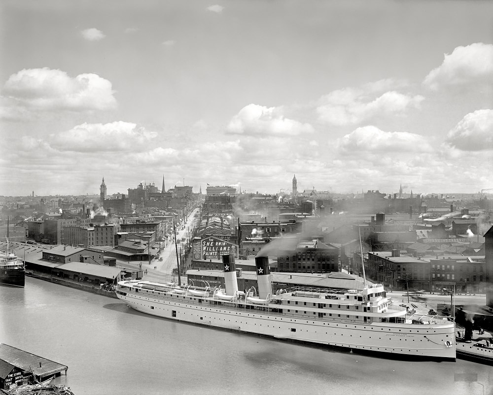 Looking up Main Street. Steamer North Land at Long Wharf, Buffalo, New York, circa 1905