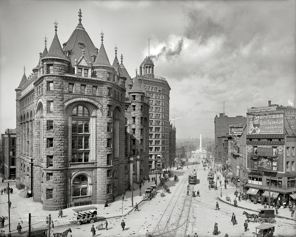 Erie County Savings Bank, Niagara Street, Bustling Buffalo, New York, circa 1908
