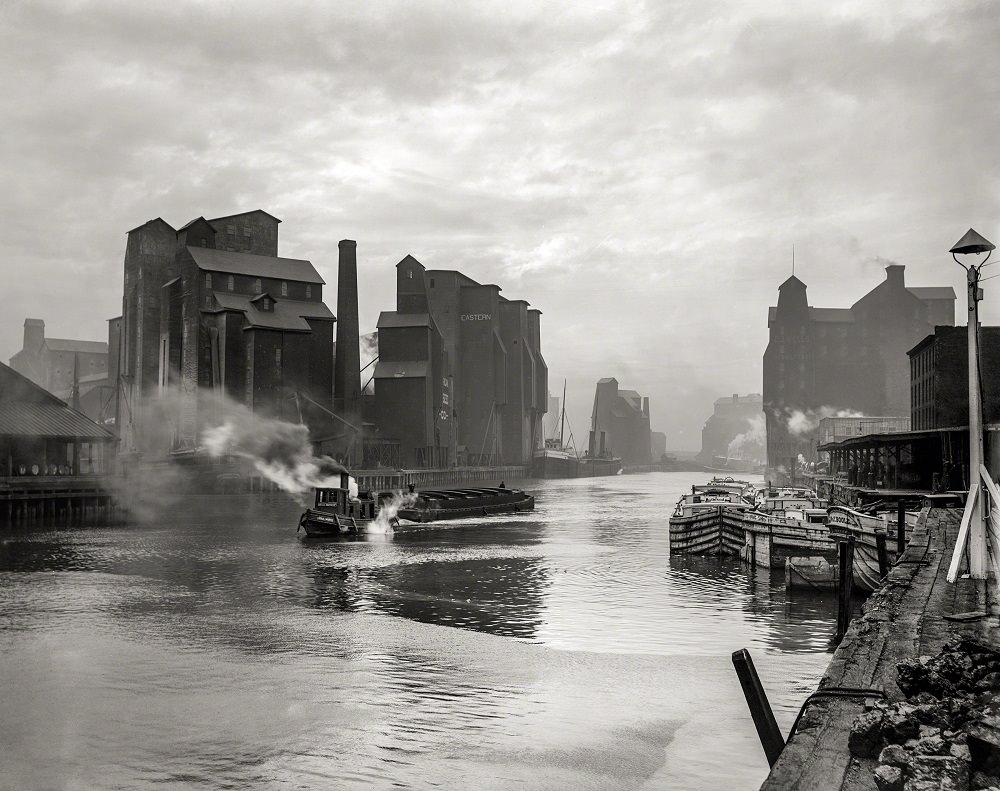 Buffalo River and elevators, foot of Main Street, Buffalo, New York, circa 1900