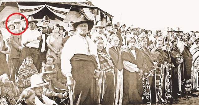 Devil in the detail.Part of a panoramic 1924 photo of the Osage tribe before this left-hand section with evil Bill Hale, circled, was removed.