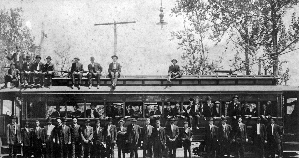 Striking streetcar workers pose with a “captured” streetcar in the early days of a 1908 strike, Pensacola