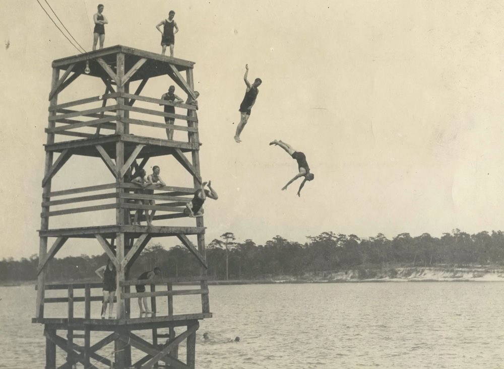 A 30 foot diving platform at the the shore of the park in Bayou Texar, East Pensacola, 1910