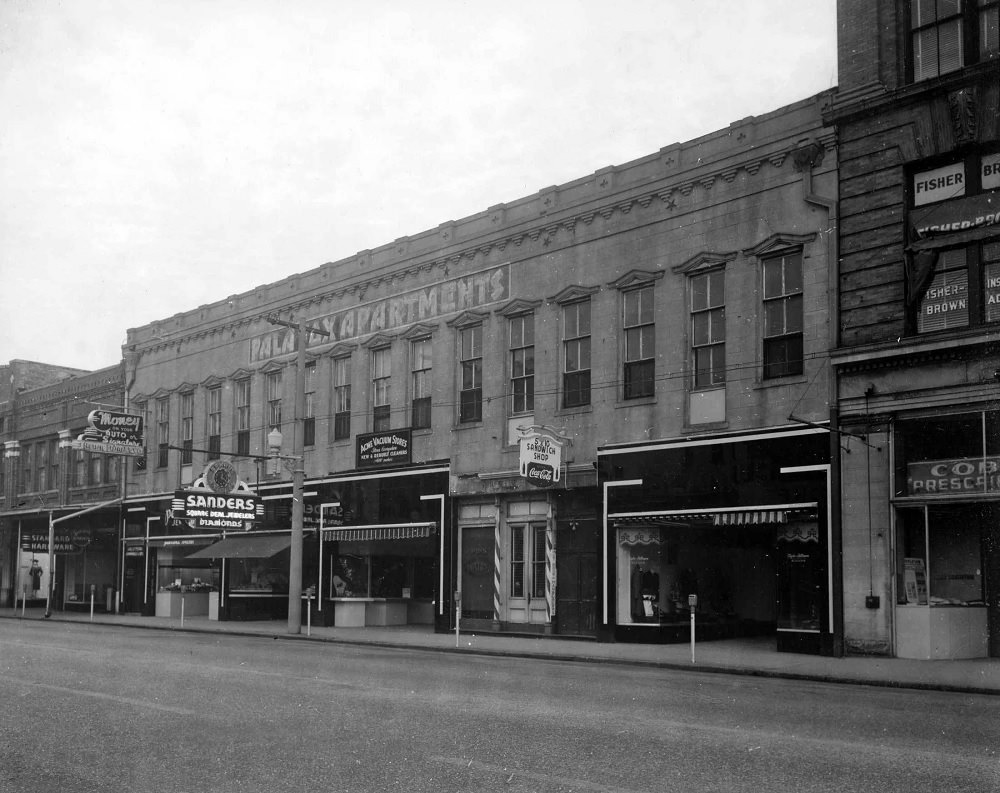 The Palafox Apartments and other shops on South Palafox Street, Pansacola, 1936